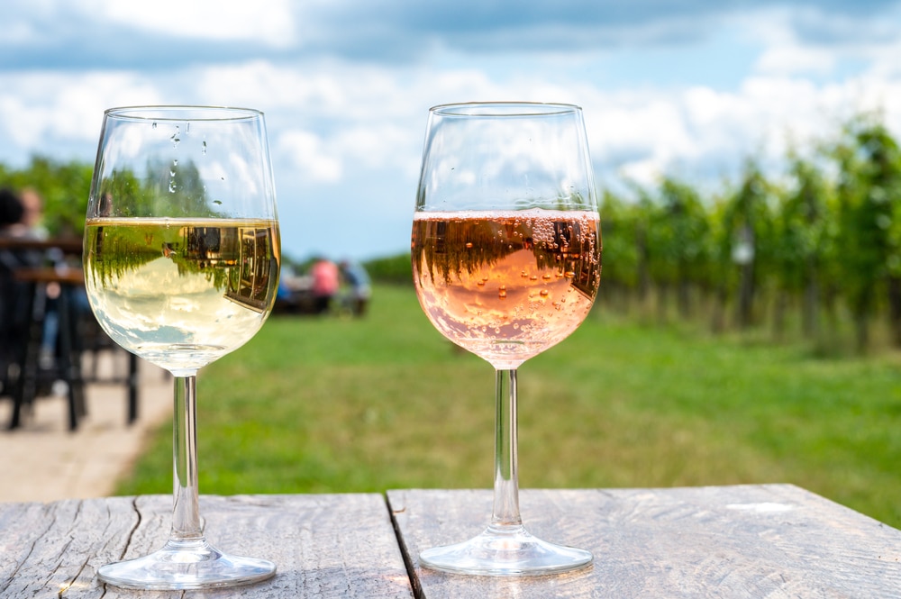 Two glasses of wine, found at lovely wineries in Maryland like Triple Creek Winery