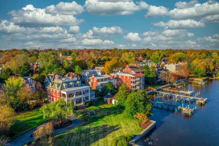 Aerial view looking at some of the best things to do in the colonial town of Chestertown, Maryland on the Eastern Shore