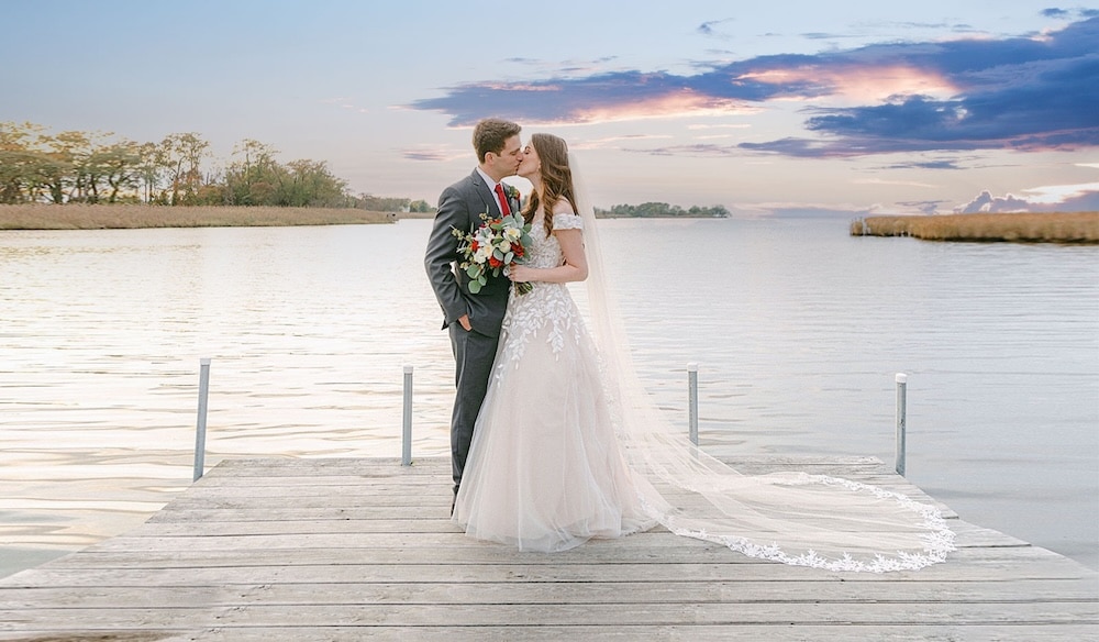 Fall wedding at the waterfront of the Inn of Huntingfield creek, one of the best Eastern Shore Wedding Venues
