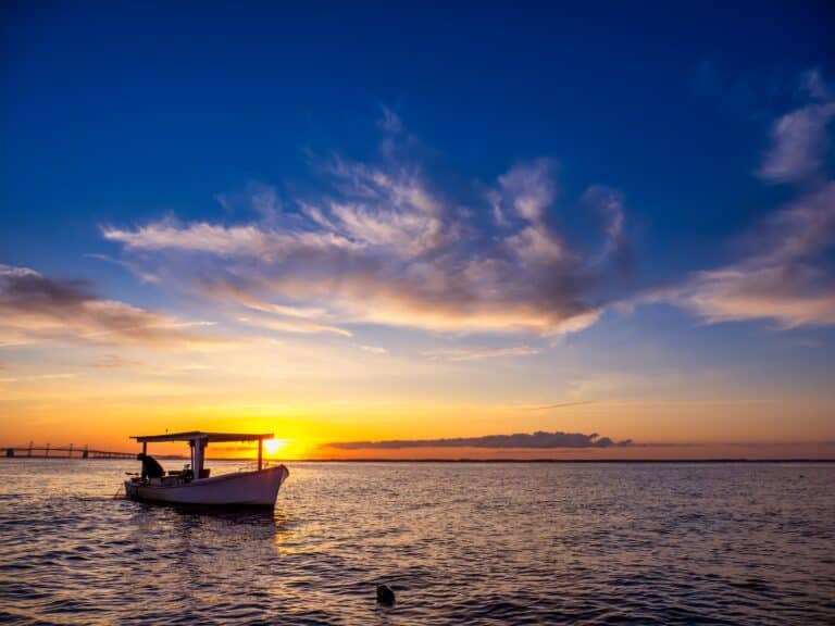 The watermen of the Eastern Shore fish and crab early in the morning, often before the sun rises. Her a fisherman is in his boat on the Chesapeake Bay during sunrise.
