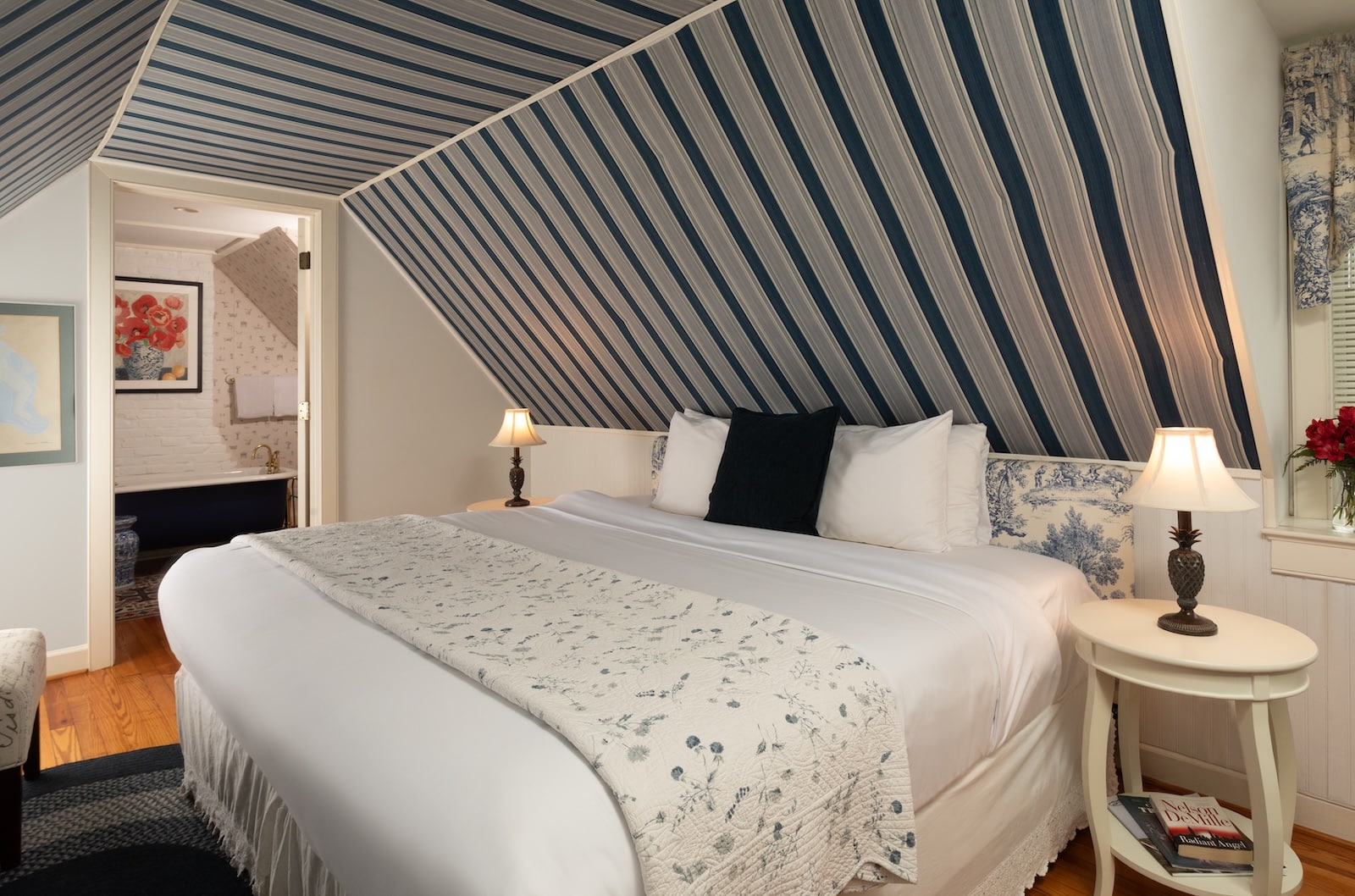 Stay at the best Bed and Breakfast in Maryland! View of one of our well-appointed guest rooms with a king sized bed and private bathroom. 